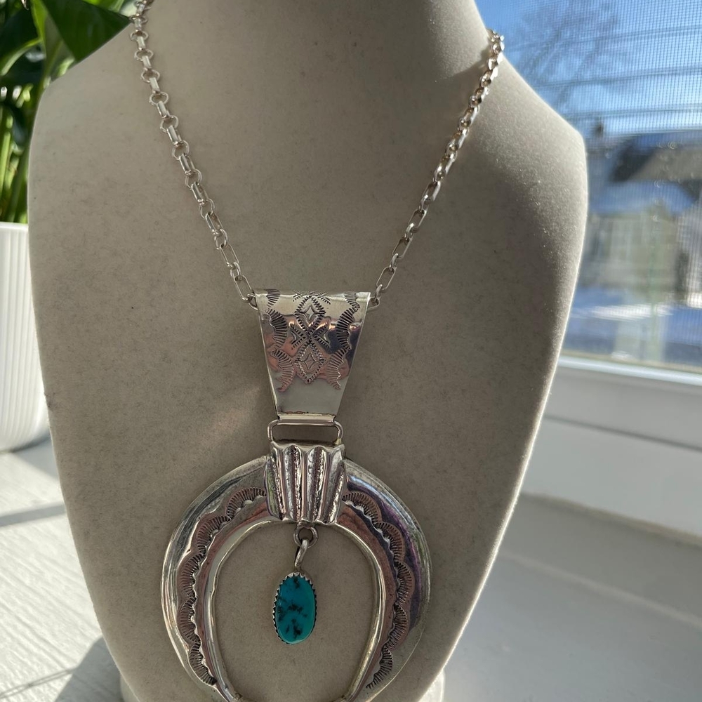 Vintage Navajo Sterling Silver Turquoise Squash Blossom Naja Necklace